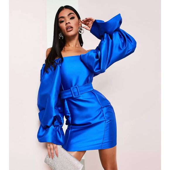 ASOS LUXE Belted Drama Sleeve Structured‎ Satin Mini Dress Women's 2 Blue - Picture 7 of 7